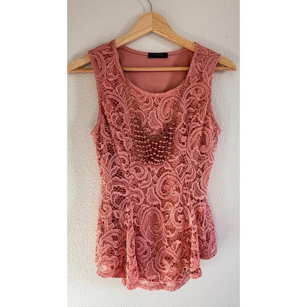 Vtg Dusty Rose Floral Lace Peplum Necklace Sleeveless Top M Coquette Victorian - Picture 7 of 16